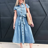 Button-Down Dress with Belted Waist In Denium - Infinity Raine