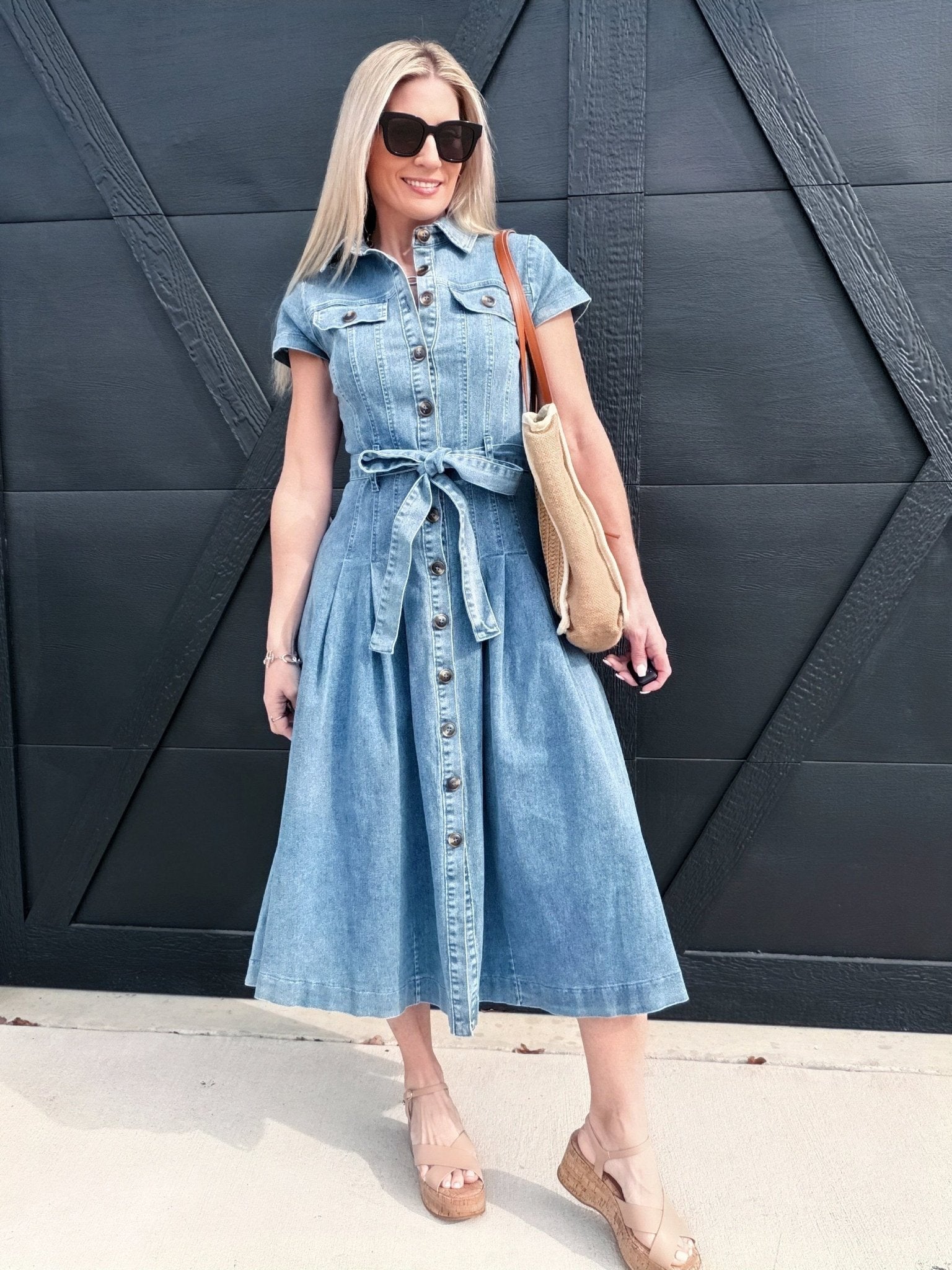 Button-Down Dress with Belted Waist In Denium - Infinity Raine