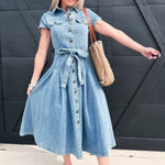 Button-Down Dress with Belted Waist In Denium - Infinity Raine