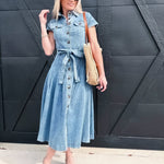 Button-Down Dress with Belted Waist In Denium - Infinity Raine
