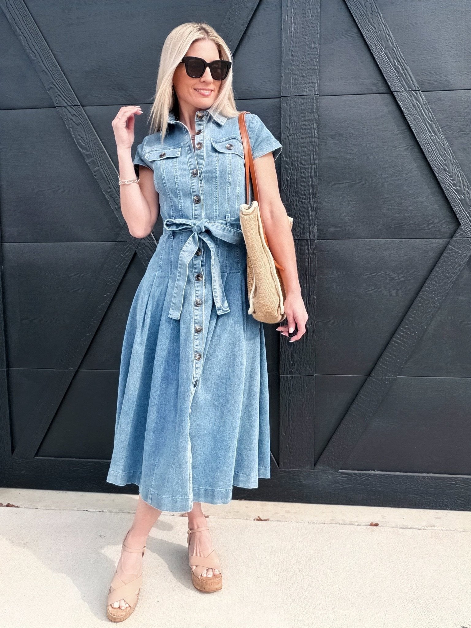 Button-Down Dress with Belted Waist In Denium - Infinity Raine