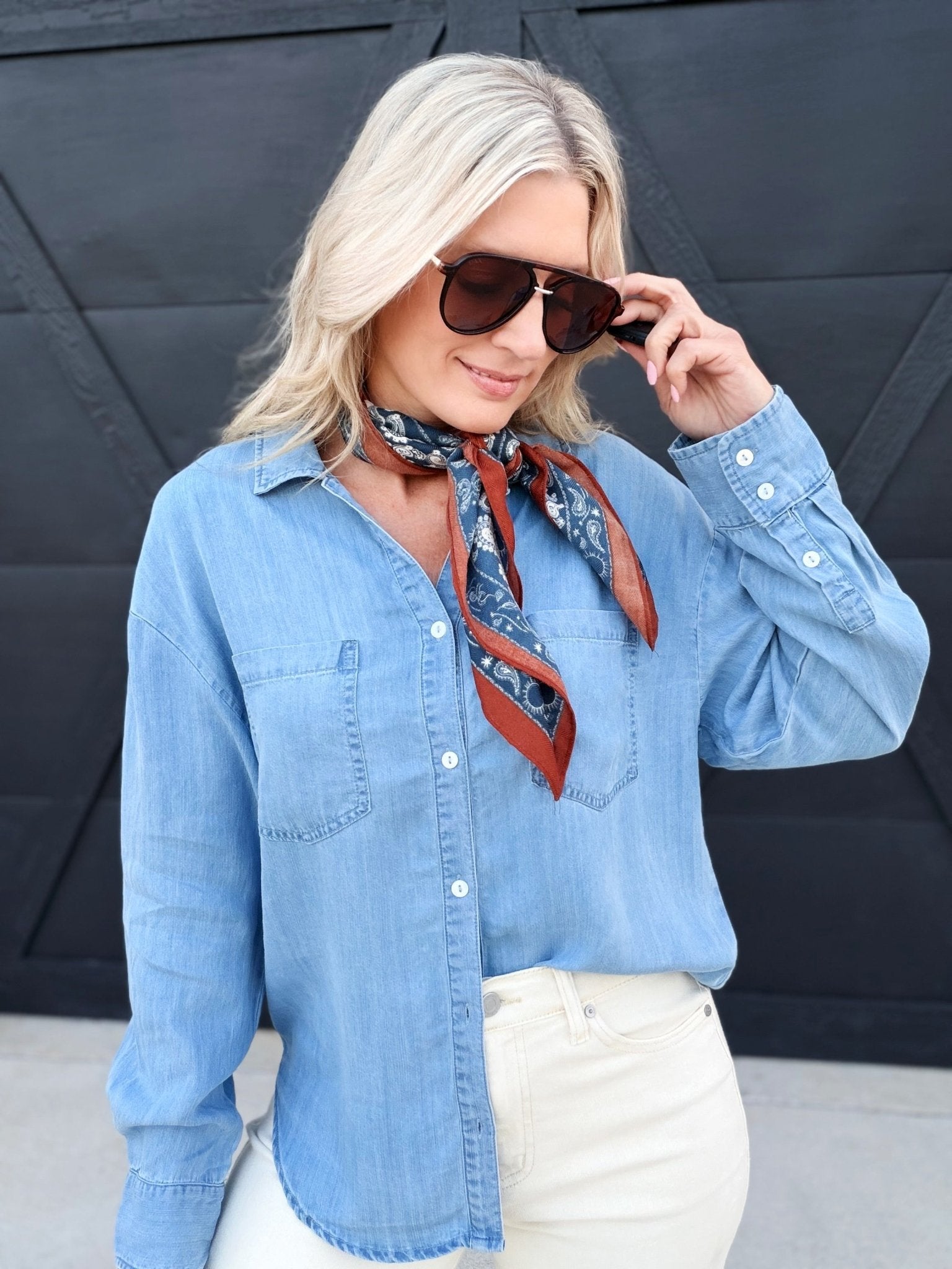 Button Down Notched Collar Shirt In Denim - Infinity Raine