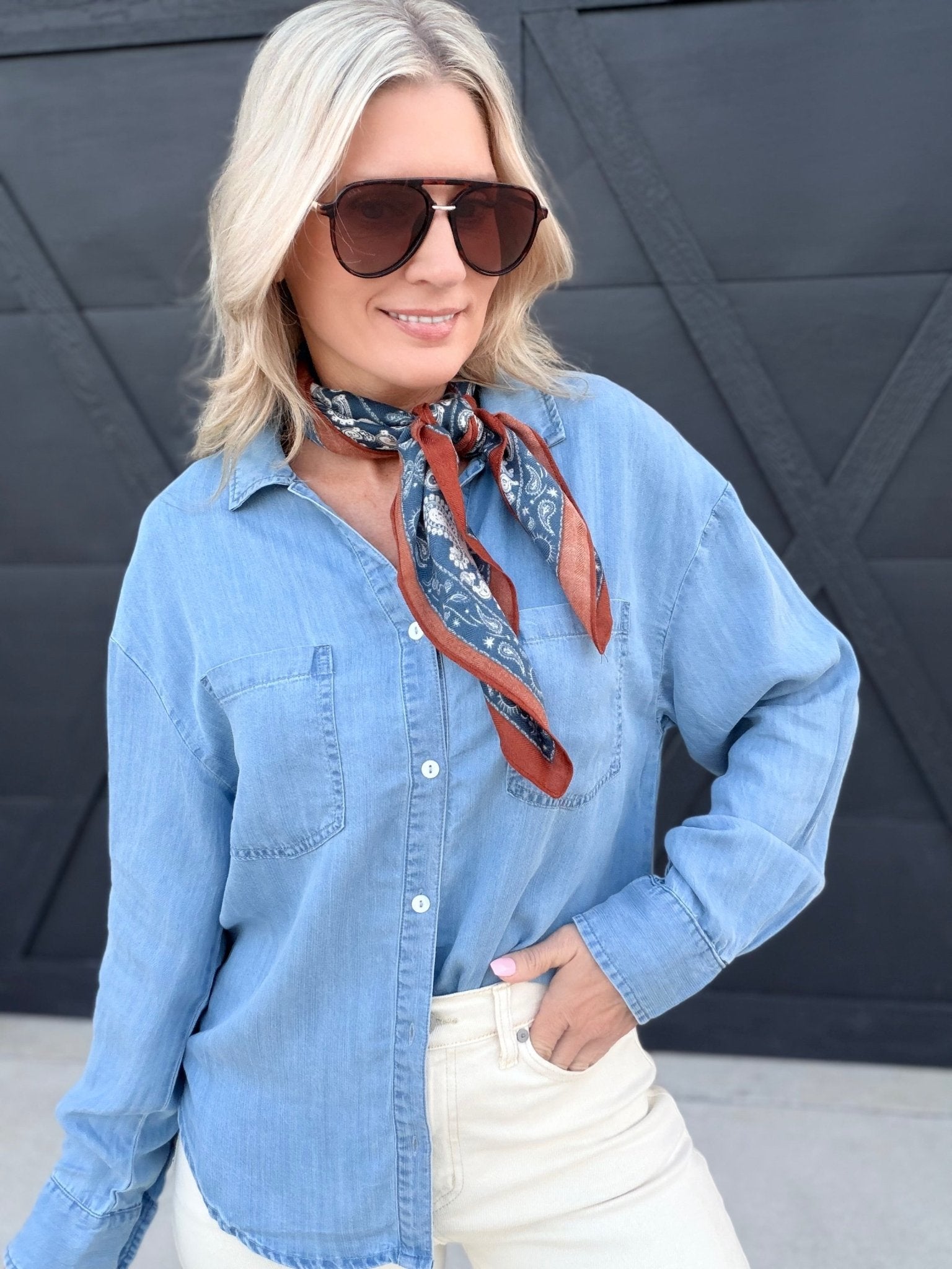 Button Down Notched Collar Shirt In Denim - Infinity Raine