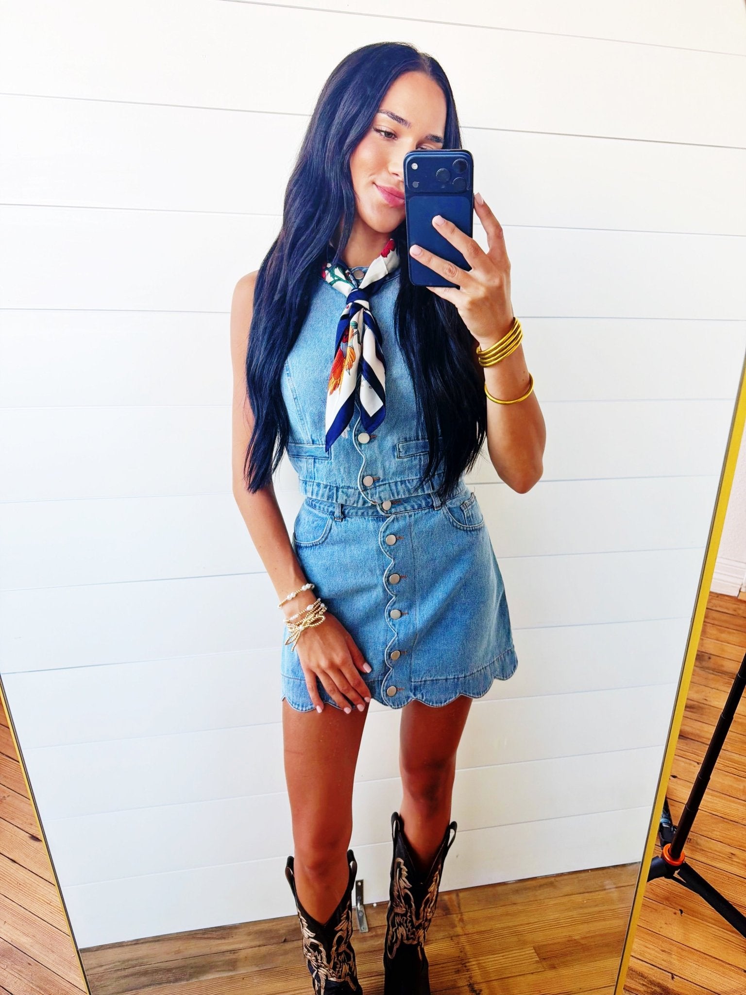Button Down Scalloped Sleeveless Washed Denim Vest Top - Infinity Raine