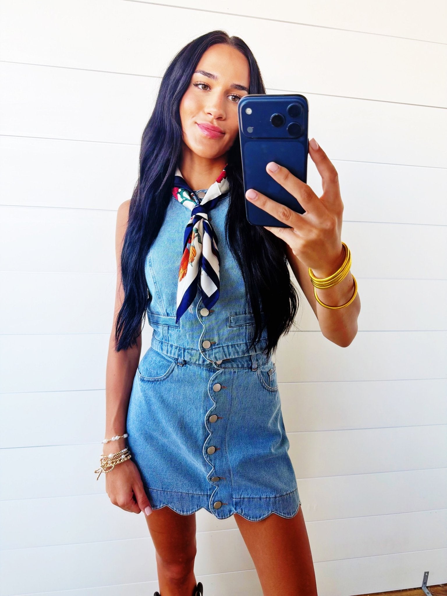 Button Down Scalloped Washed Denim Mini Skirt - Infinity Raine