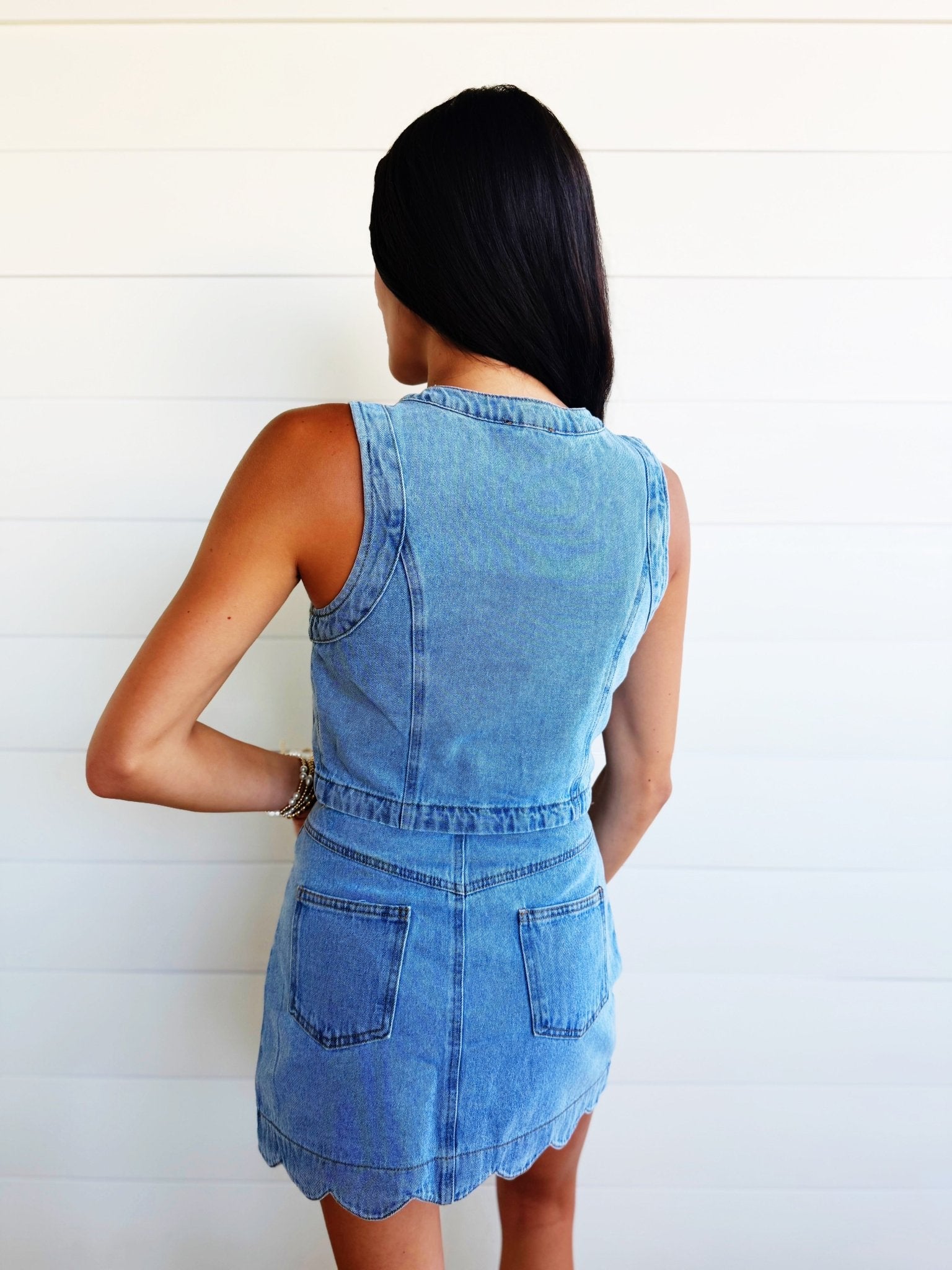 Button Down Scalloped Washed Denim Mini Skirt - Infinity Raine