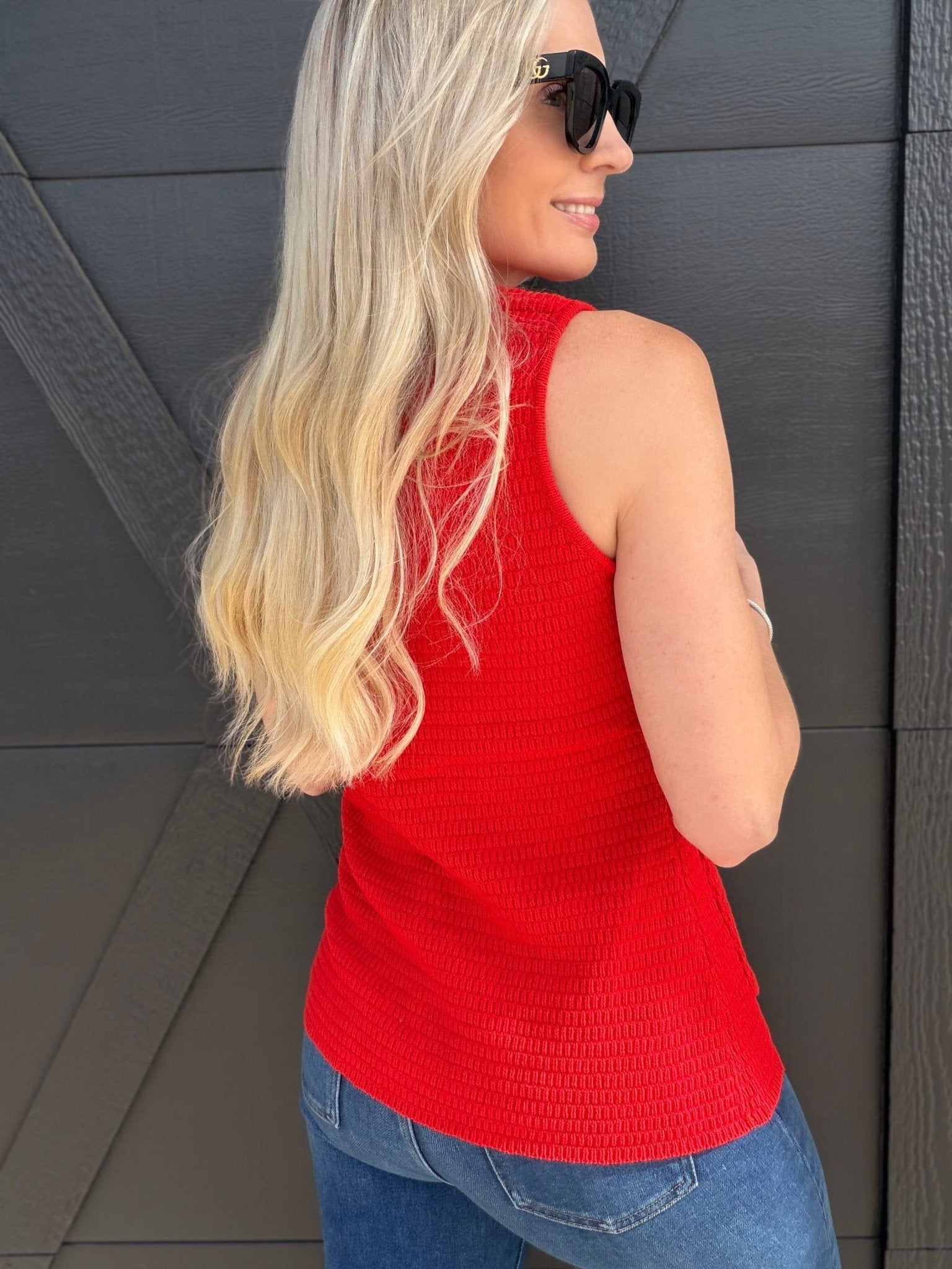 Button Down Sleeveless Split Hem Knit Vest In Red - Infinity Raine