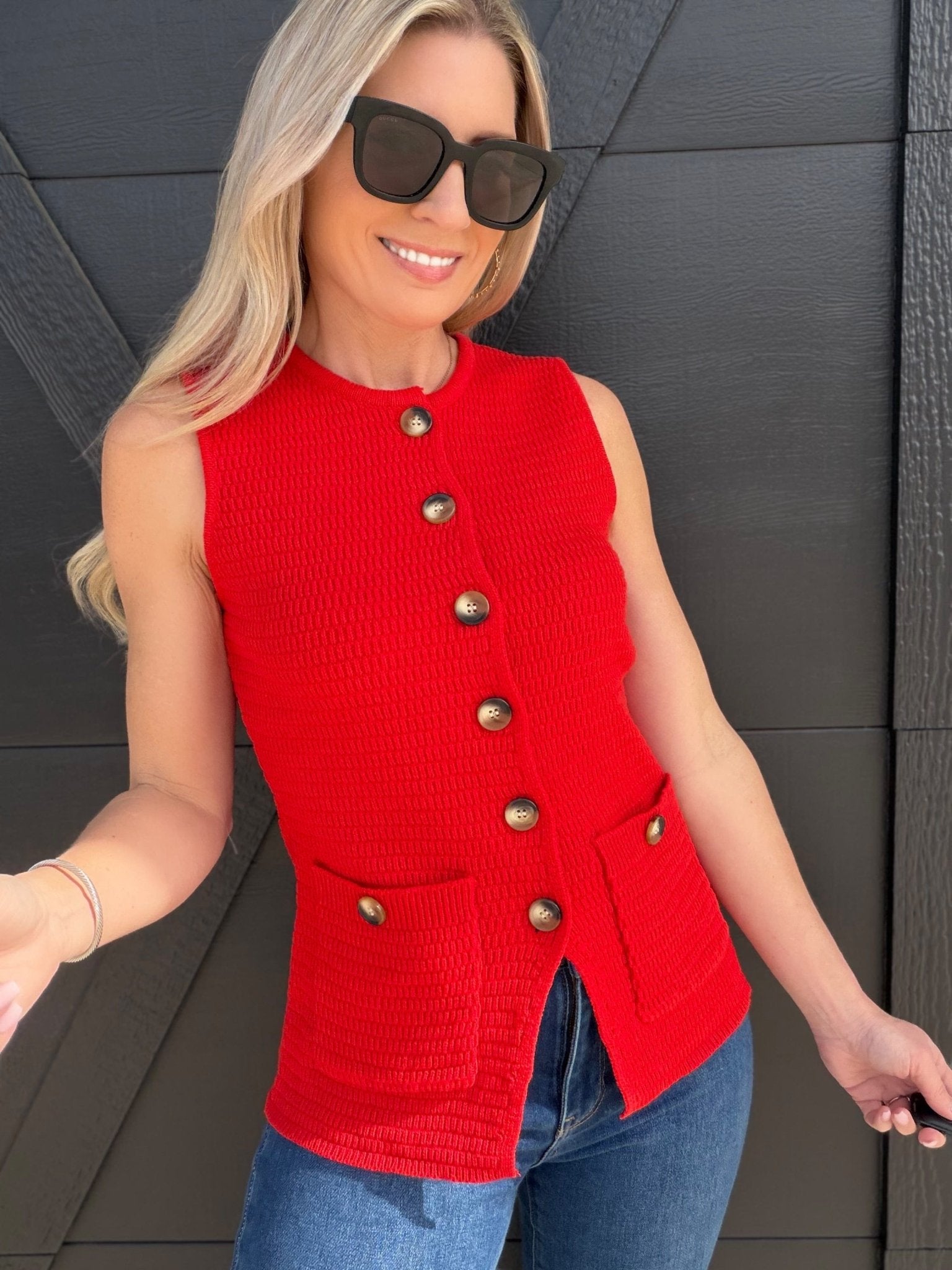 Button Down Sleeveless Split Hem Knit Vest In Red - Infinity Raine