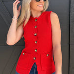 Button Down Sleeveless Split Hem Knit Vest In Red - Infinity Raine