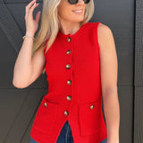 Button Down Sleeveless Split Hem Knit Vest In Red - Infinity Raine