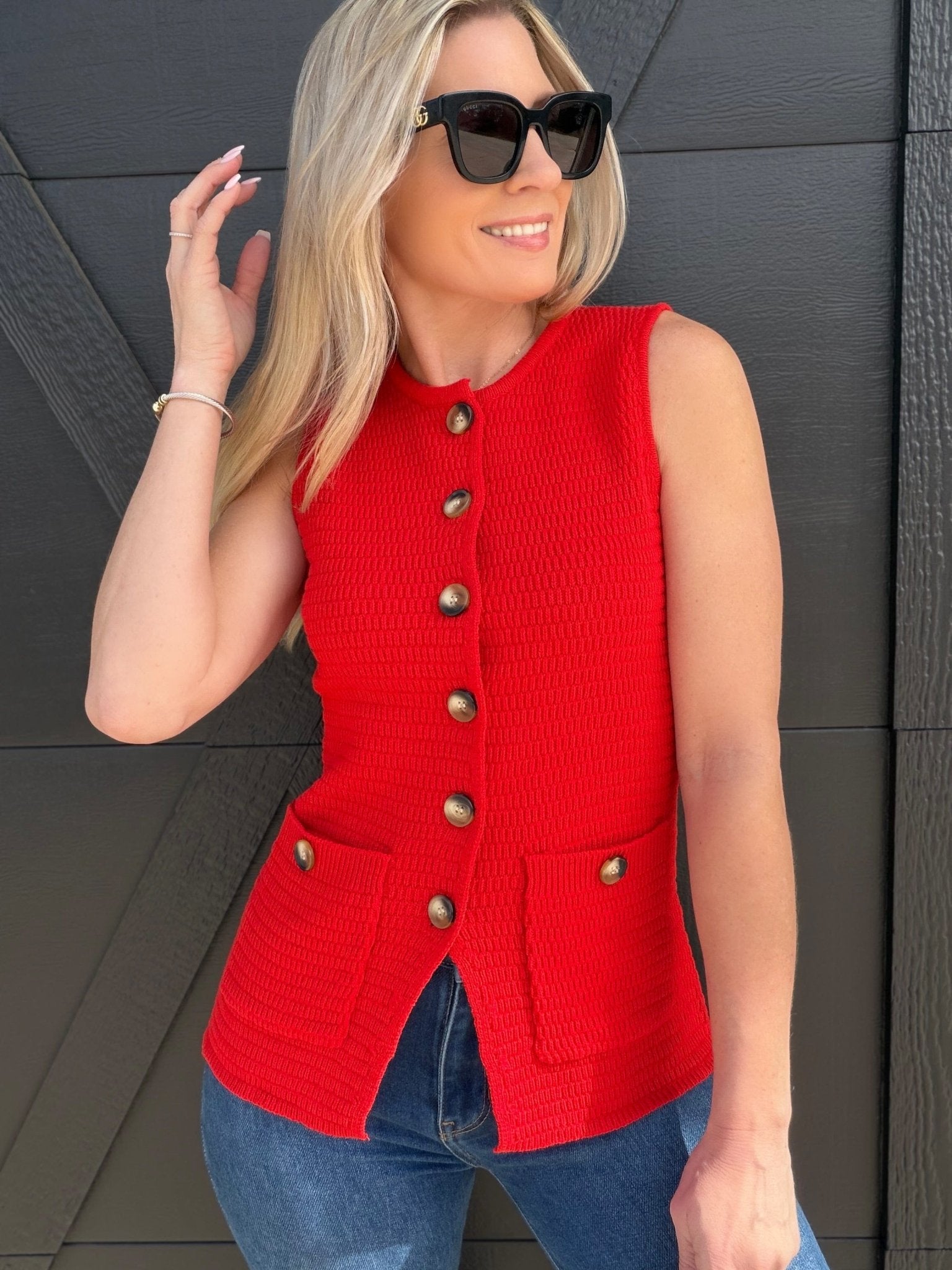 Button Down Sleeveless Split Hem Knit Vest In Red - Infinity Raine