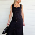 Button Down Sleeveless Split Hem Linen Midi Dress In Black - Infinity Raine