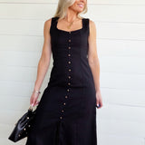 Button Down Sleeveless Split Hem Linen Midi Dress In Black - Infinity Raine