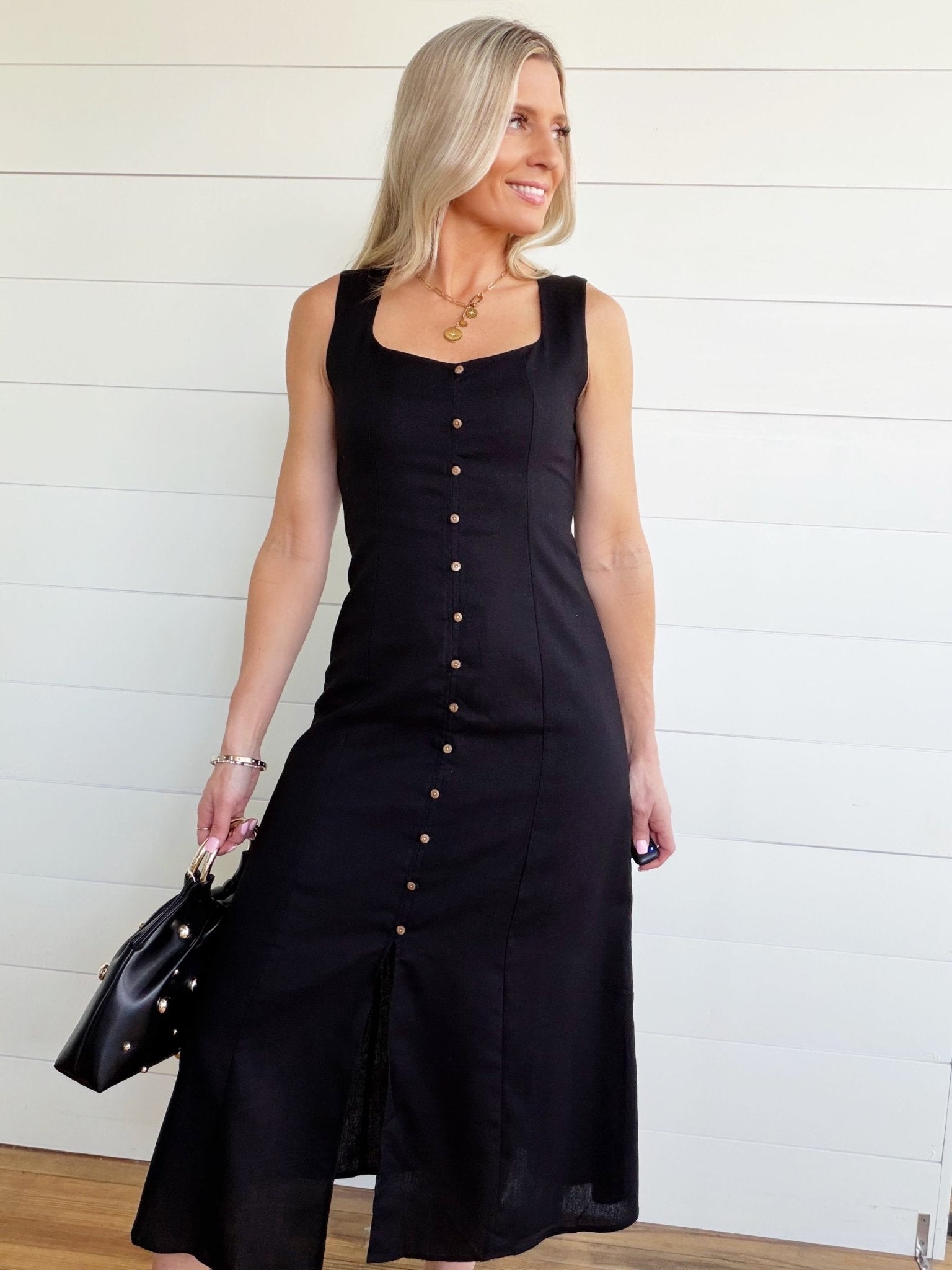 Button Down Sleeveless Split Hem Linen Midi Dress In Black - Infinity Raine
