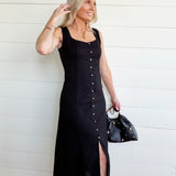 Button Down Sleeveless Split Hem Linen Midi Dress In Black - Infinity Raine