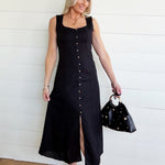 Button Down Sleeveless Split Hem Linen Midi Dress In Black - Infinity Raine