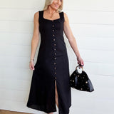 Button Down Sleeveless Split Hem Linen Midi Dress In Black - Infinity Raine