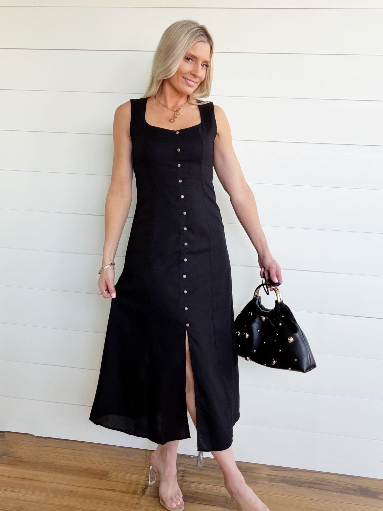 Button Down Sleeveless Split Hem Linen Midi Dress In Black - Infinity Raine