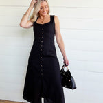 Button Down Sleeveless Split Hem Linen Midi Dress In Black - Infinity Raine