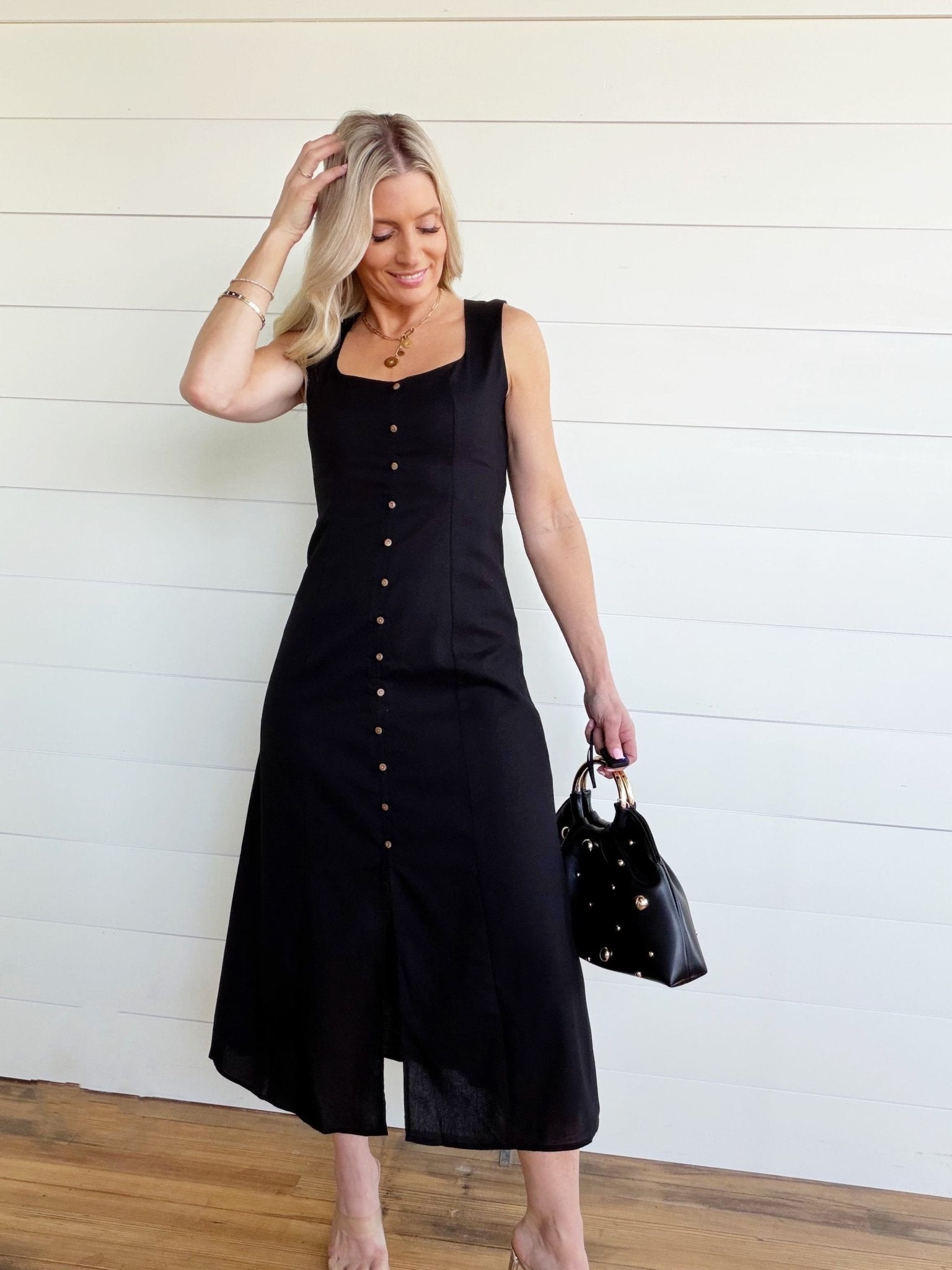 Button Down Sleeveless Split Hem Linen Midi Dress In Black Infinity Raine Button Down Sleeveless Split Hem Linen Midi Dress In Black Infinity Raine