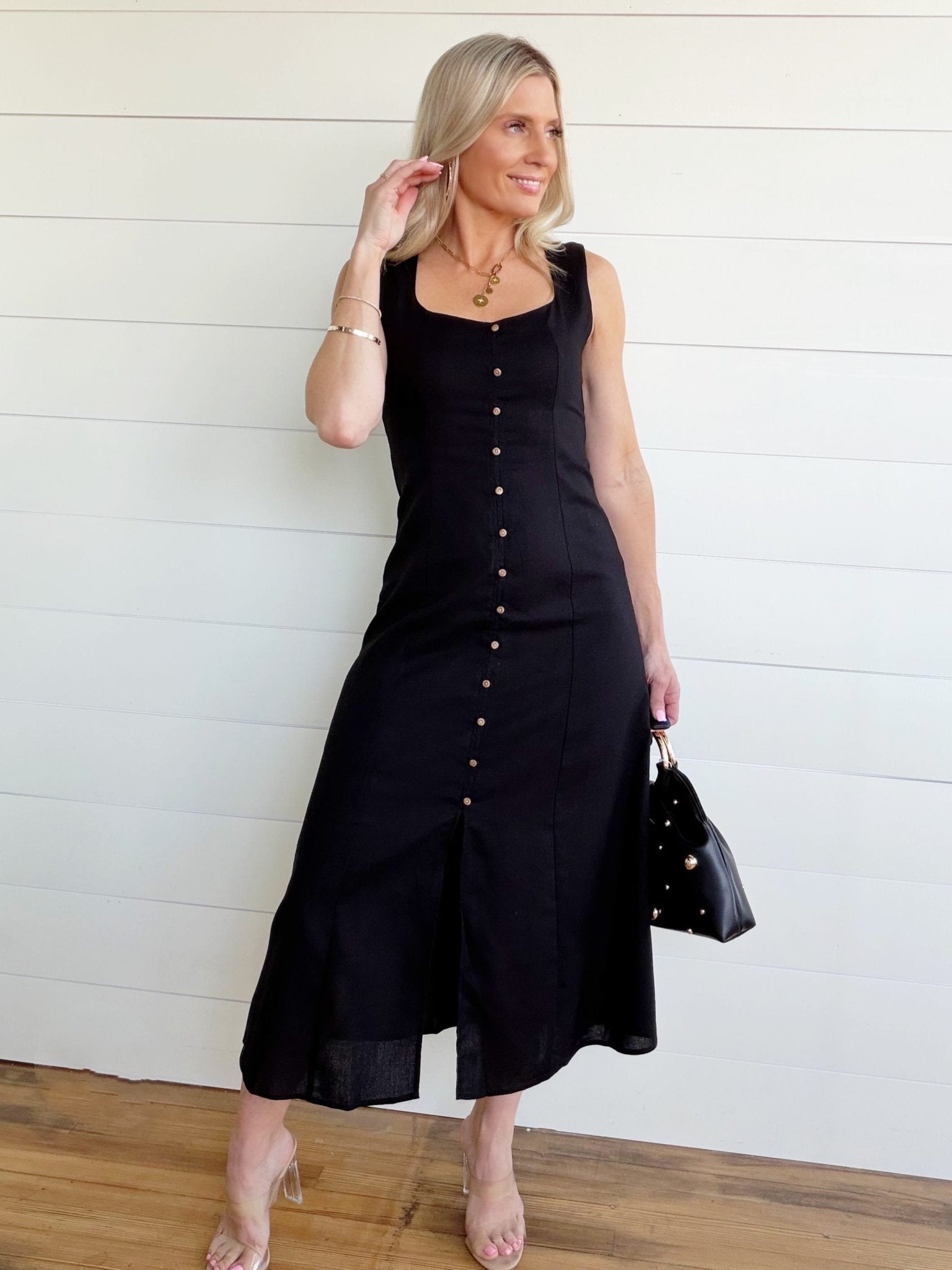 Button Down Sleeveless Split Hem Linen Midi Dress In Black M