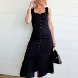 Button Down Sleeveless Split Hem Linen Midi Dress In Black - Infinity Raine