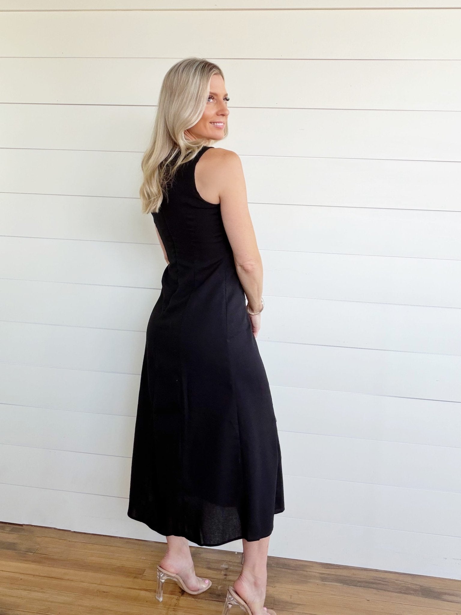 knee length dresses for ladies Button Down Sleeveless Split Hem Linen Midi Dress In Black – Infinity Raine