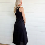 Button Down Sleeveless Split Hem Linen Midi Dress In Black - Infinity Raine