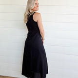 Button Down Sleeveless Split Hem Linen Midi Dress In Black - Infinity Raine