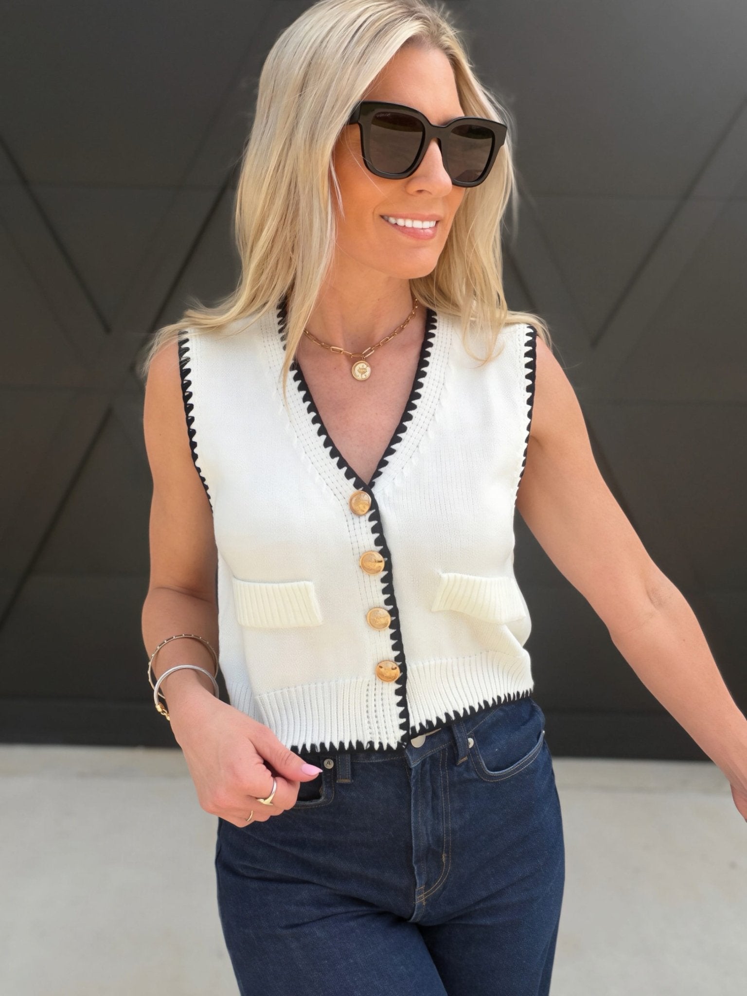 Button Front Statement Vest In Beige - Infinity Raine