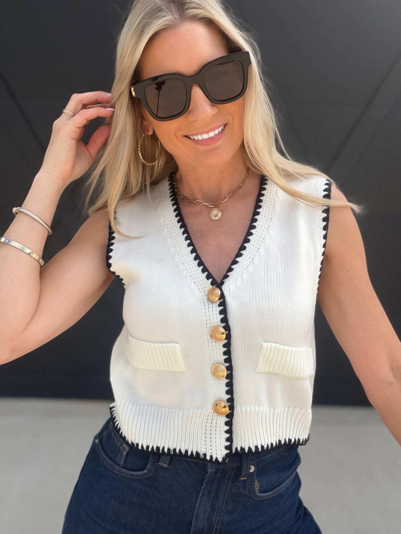 Button Front Statement Vest In Beige - Infinity Raine