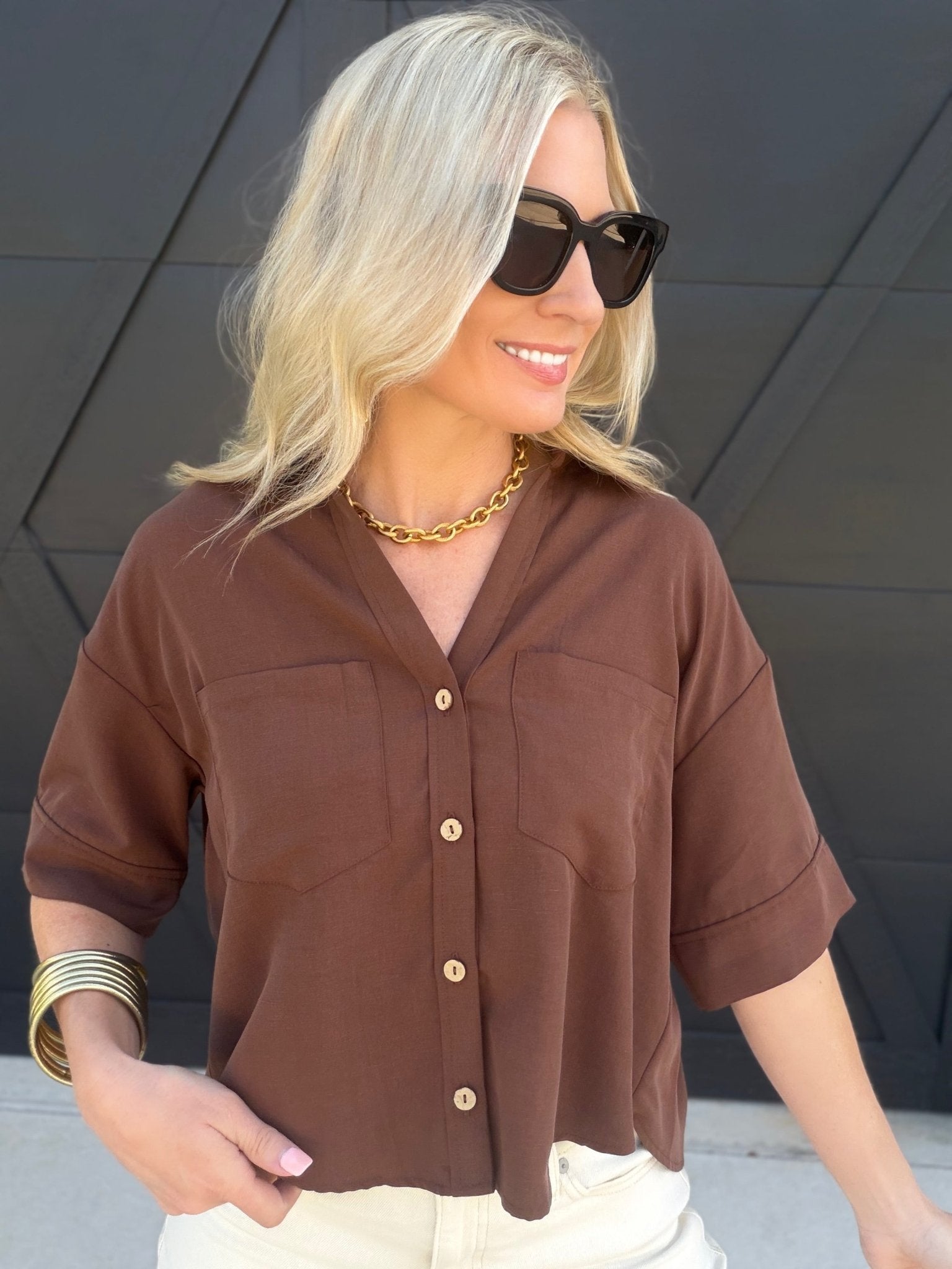 Button-Up Collared Short Sleeve Shirt In Chocolate - Infinity Raine