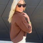 Button-Up Collared Short Sleeve Shirt In Chocolate - Infinity Raine