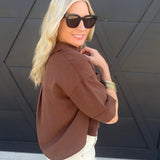 Button-Up Collared Short Sleeve Shirt In Chocolate - Infinity Raine