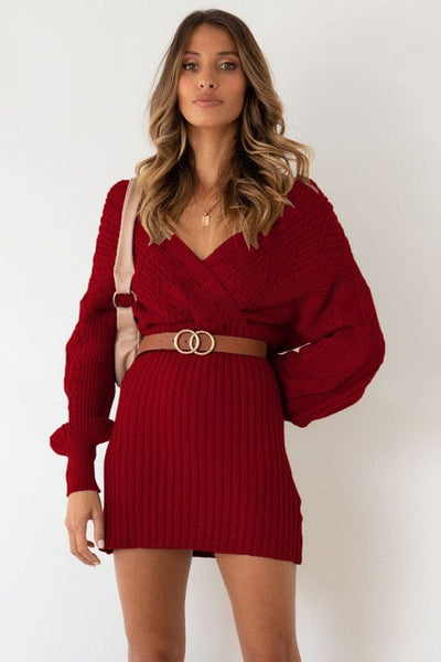Sweater Fashion Dress-Burgundy - Infinity Raine