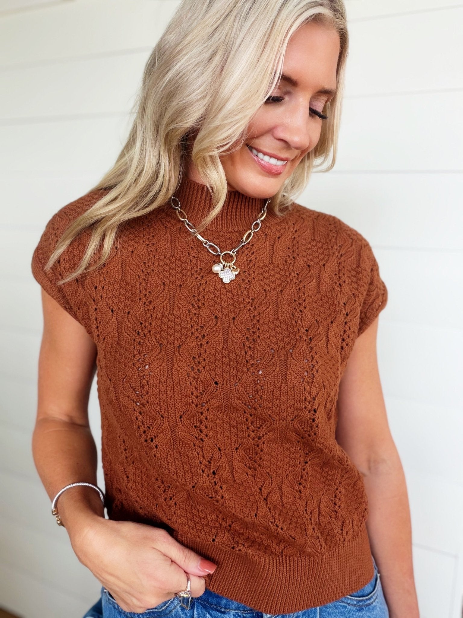 Cable Knit Mock Neck Sweater In Cinnamon - Infinity Raine