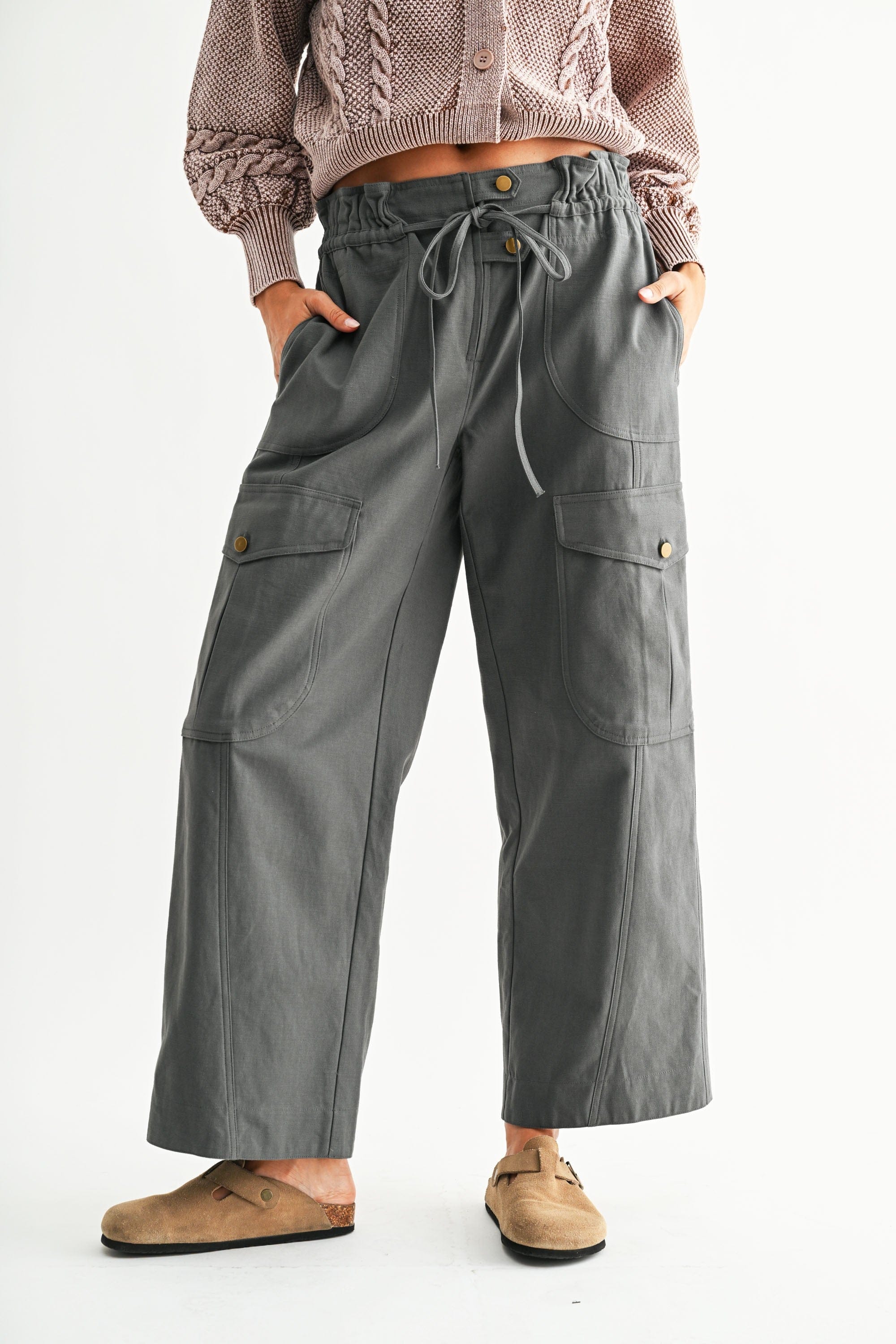 Wide Leg Cargo Utility Trousers In Smoky Olive - Infinity Raine