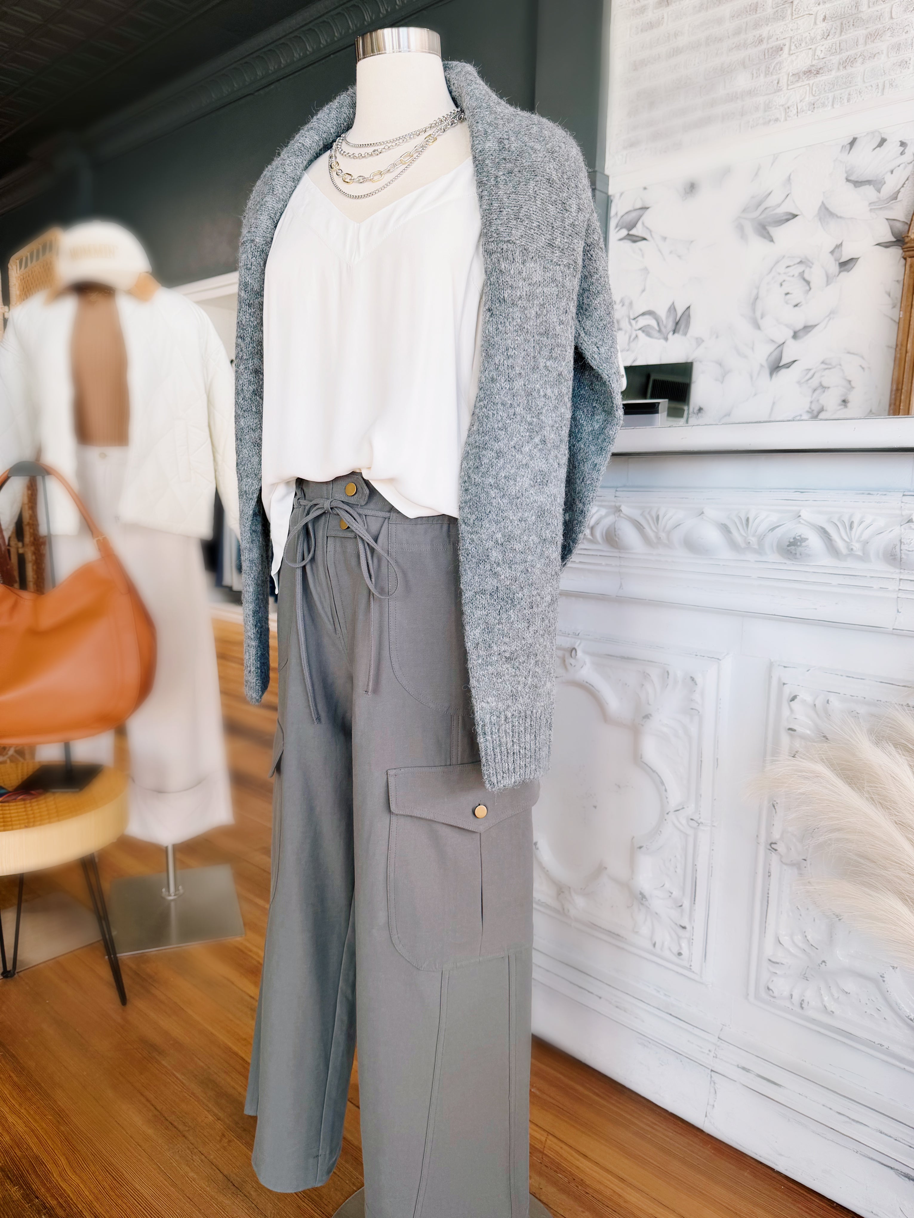 Wide Leg Cargo Utility Trousers In Smoky Olive - Infinity Raine