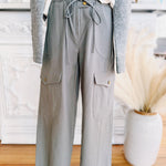 Wide Leg Cargo Utility Trousers In Smoky Olive - Infinity Raine