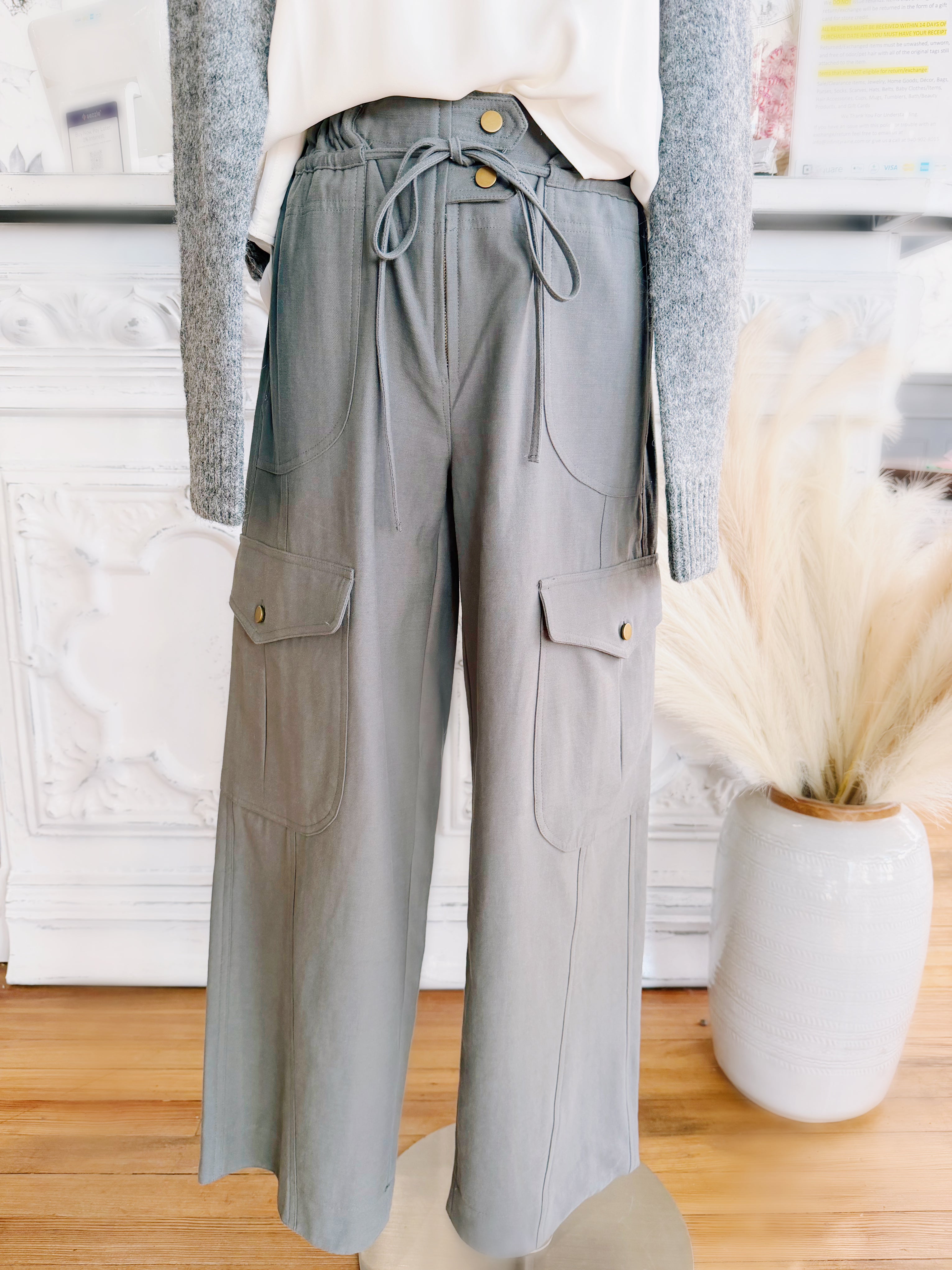 Wide Leg Cargo Utility Trousers In Smoky Olive - Infinity Raine