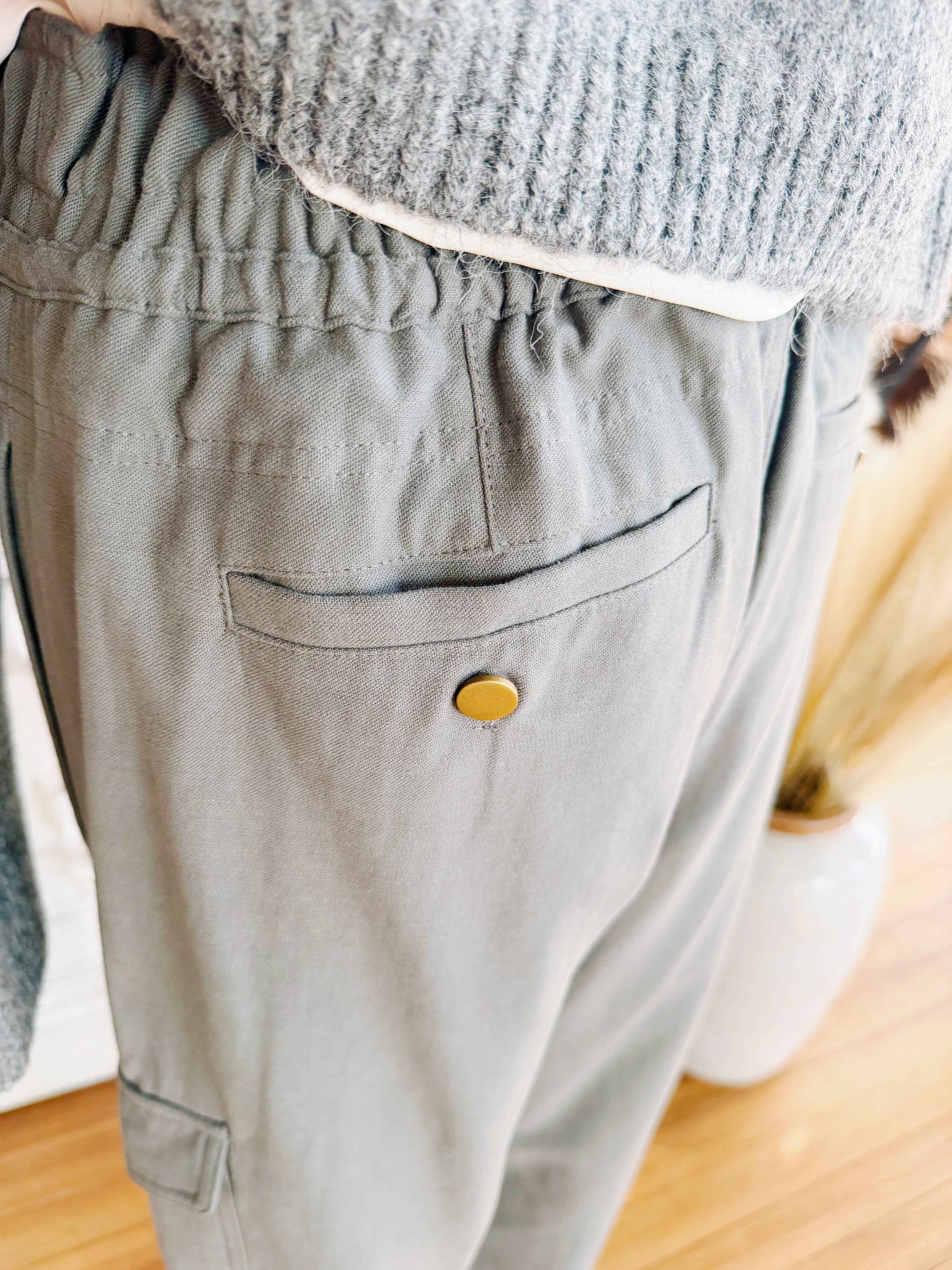 Wide Leg Cargo Utility Trousers In Smoky Olive - Infinity Raine