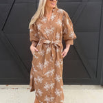 Embroidered Belted Shirt Dress In Mocha - Infinity Raine