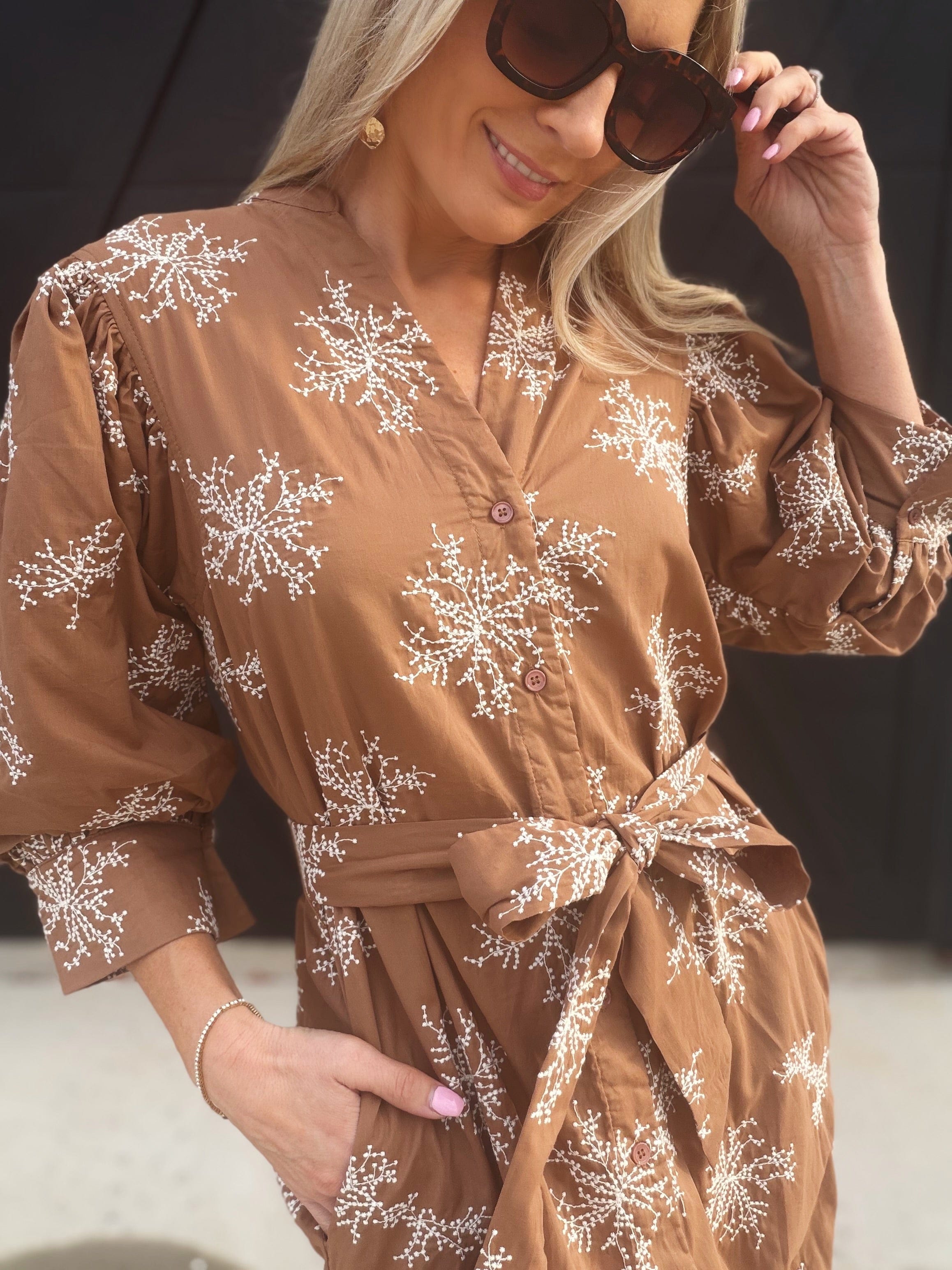Embroidered Belted Shirt Dress In Mocha - Infinity Raine