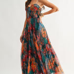 Pleated Floral Tulle Maxi Dress In Orange Multi - Infinity Raine
