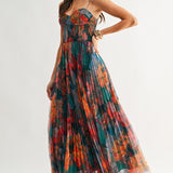 Pleated Floral Tulle Maxi Dress In Orange Multi - Infinity Raine
