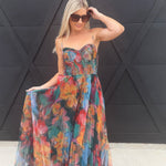 Pleated Floral Tulle Maxi Dress In Orange Multi - Infinity Raine