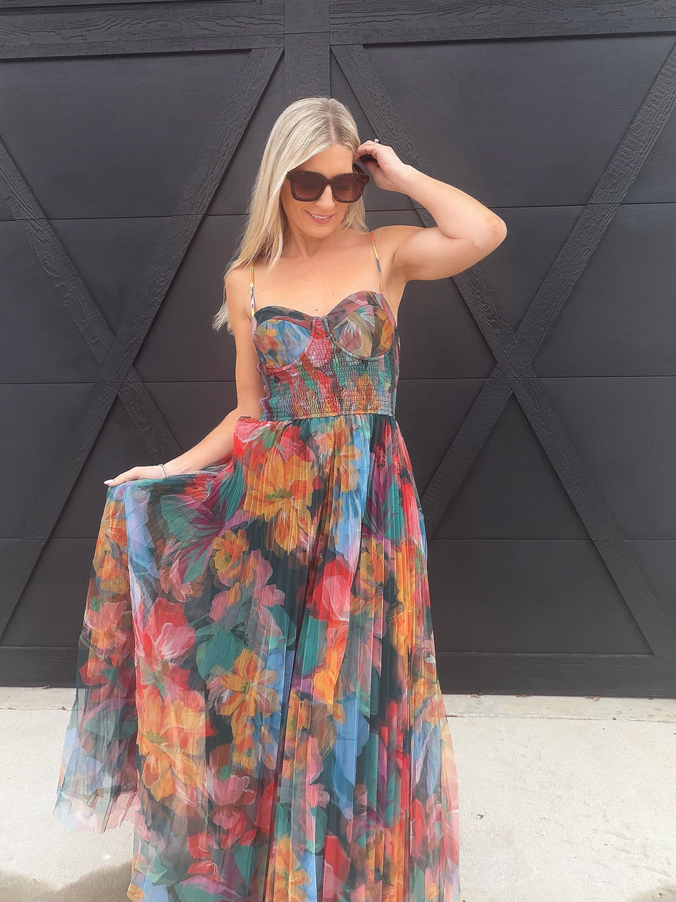 Pleated Floral Tulle Maxi Dress In Orange Multi - Infinity Raine