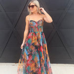 Pleated Floral Tulle Maxi Dress In Orange Multi - Infinity Raine