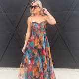 Pleated Floral Tulle Maxi Dress In Orange Multi - Infinity Raine