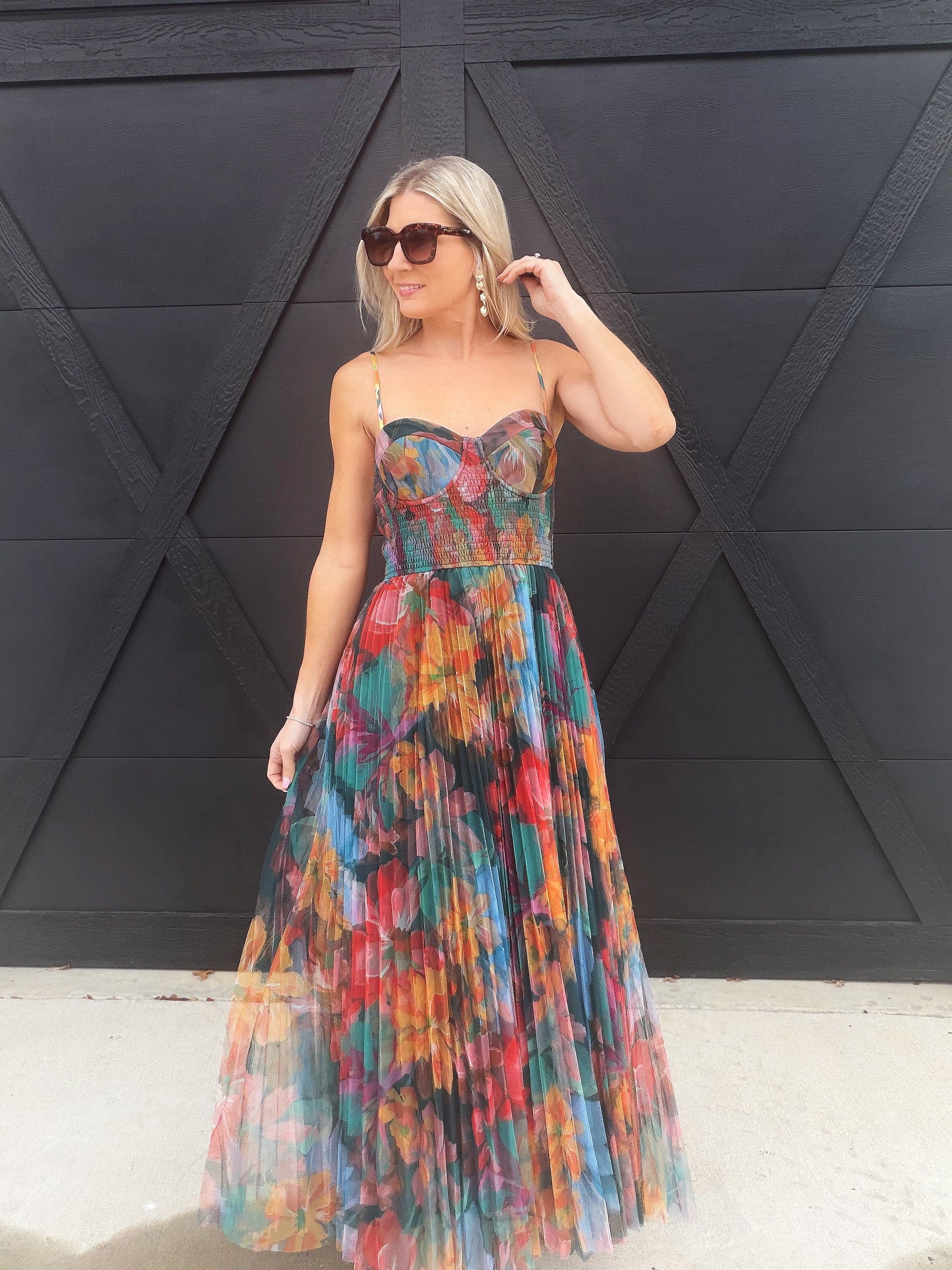 Pleated Floral Tulle Maxi Dress In Orange Multi - Infinity Raine